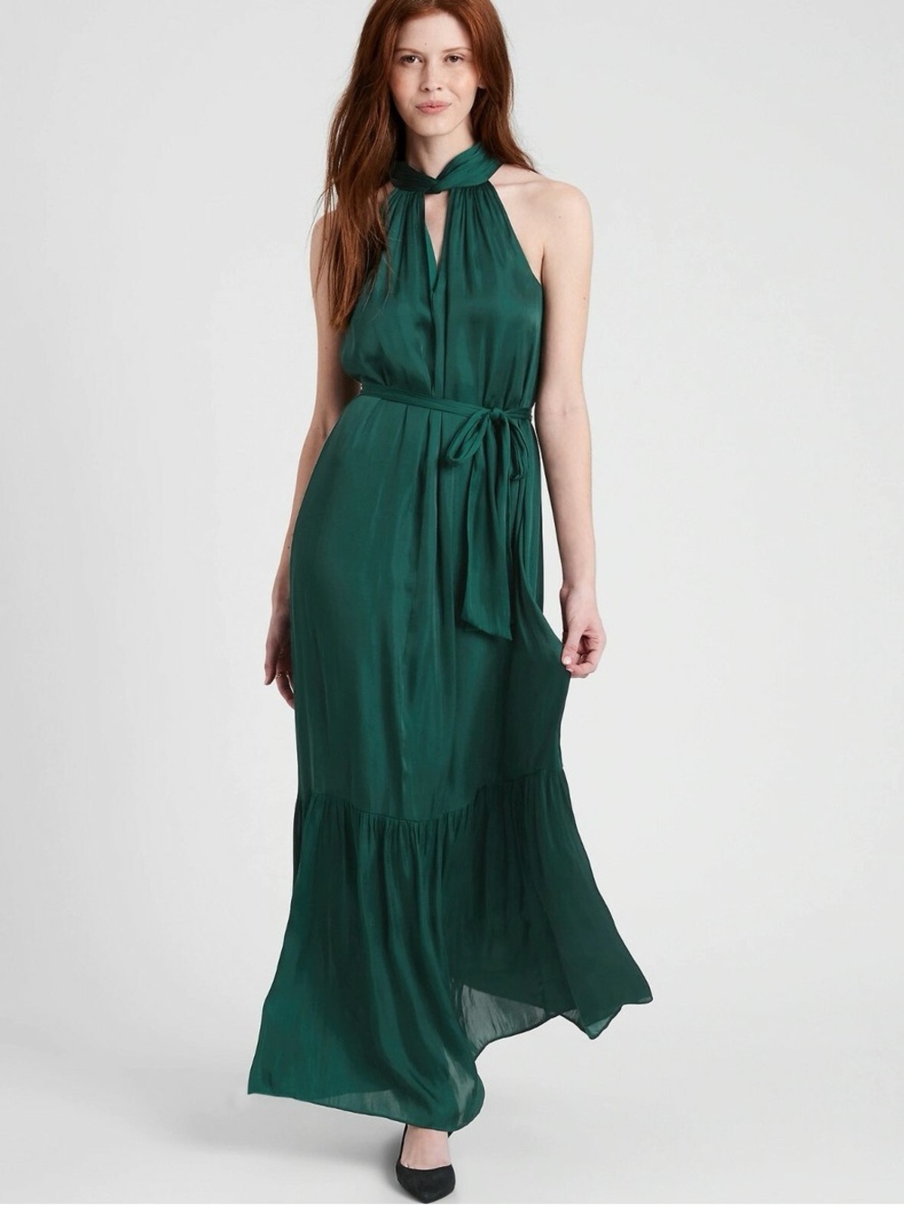 NWT Banana Republic Satin Twisted Maxi Dress Elegant RARE Emerald Loch Green 14